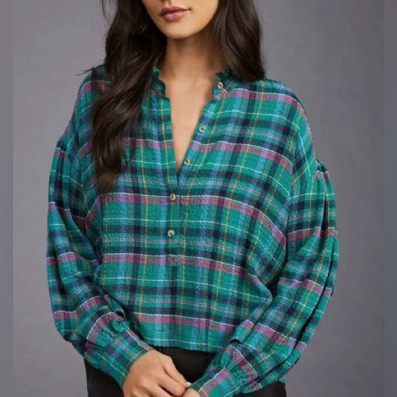 Anthropologie‎ Pilcro Cropped Puff-Sleeve Blouse Green Plaid Large Relaxed Fit - Picture 2 of 16